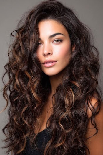 Long Curls with Caramel Balayage Hair Color