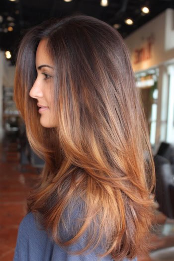 Long Layers with Honey Caramel Balayage Hair Color