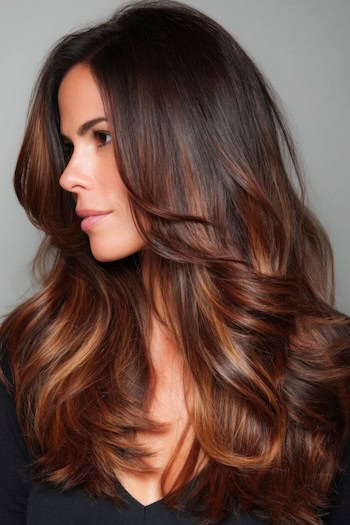 Warm Caramel Balayage on Dark Chocolate Hair