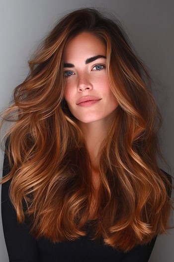 Voluminous Copper Caramel Balayage Hair Color
