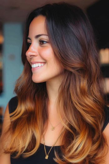 Fiery Caramel Ombre Balayage Hair Color