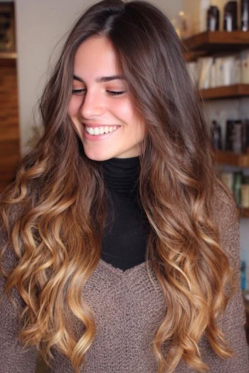 Warm Brunette to Caramel Ombre Hair Color