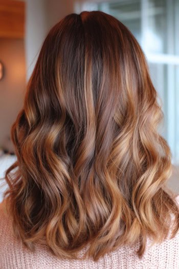 Soft Caramel Balayage on Medium-Length Waves Hair Color