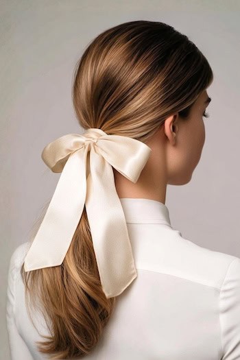 Ribbon-Tied Low Ponytail Hairstyle