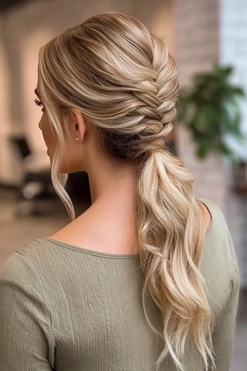 French Braid Low Ponytail with Loose Waves Hairstyle