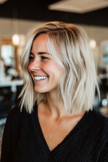 Blunt Lob With Dark Roots Hairstyle