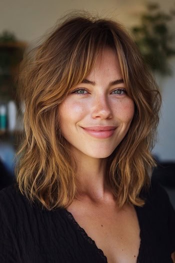 Tousled Shaggy Layers With Curtain Bangs Hairstyle