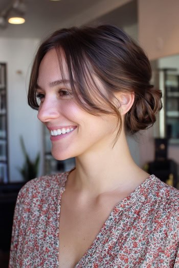 Low Bun With Long Side Bangs Hairstyle