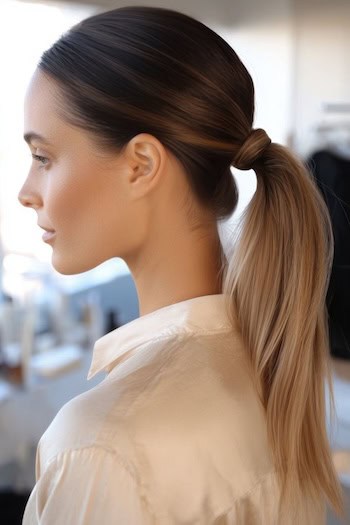 Low Ponytail With Hair Wrap Hairstyle