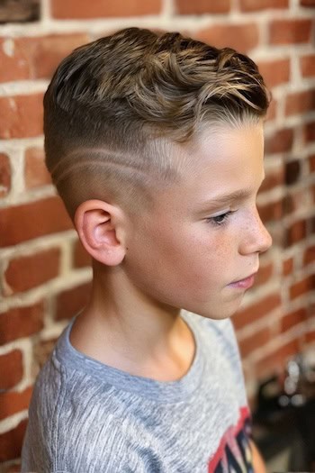Wavy Textured Crop with Double Line Design and High Skin Fade Boys Haircut