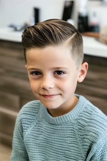 High Volume with Hard Side Part and Skin Fade Boys Haircut