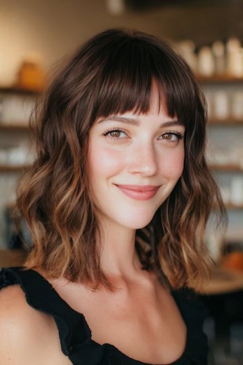 Shoulder-Length Waves with Blunt Bangs Hairstyle