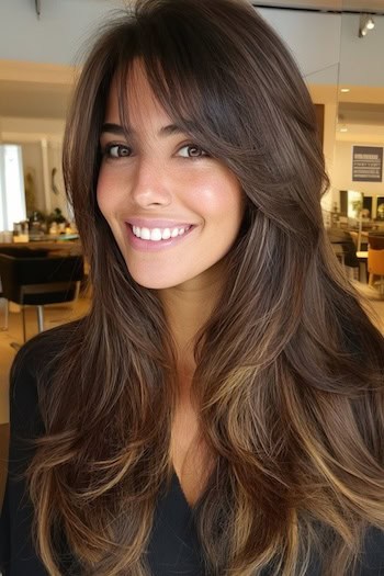 Long Layers with Long Side-Swept Bangs Hairstyle