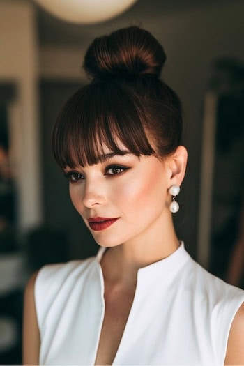 High Bun with Bangs Hairstyle