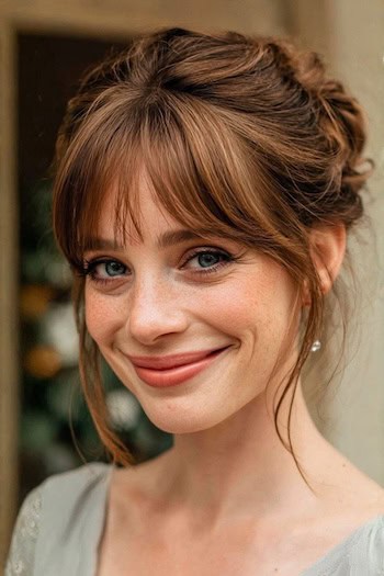 Updo with Bangs and Loose Tendrils Hairstyle