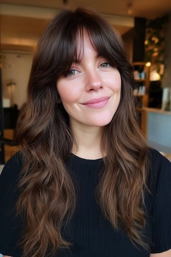 Long Waves with Wispy Curtain Bangs Hairstyle