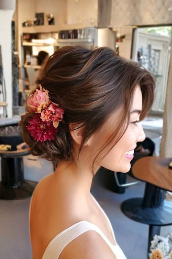 Low Chignon with Flower Accessories Hairstyle
