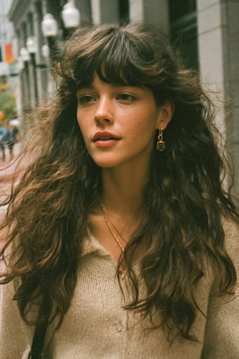 Long Shaggy Hair with Brow-Skimming Bangs Hairstyle