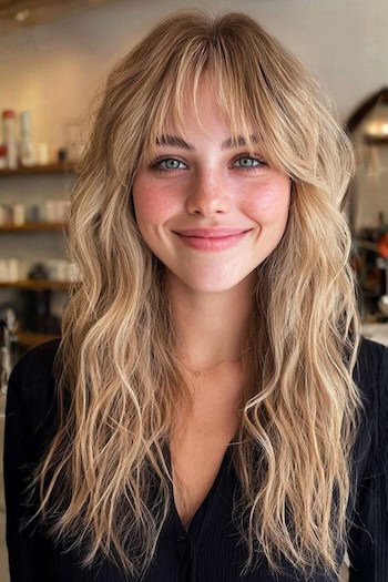 Tousled Beachy Waves with Bangs Hairstyle