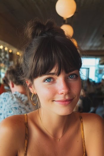 High Bun with Full Bangs Hairstyle