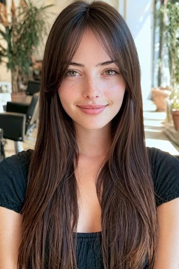 Long Straight Hair with Curtain Bangs Hairstyle