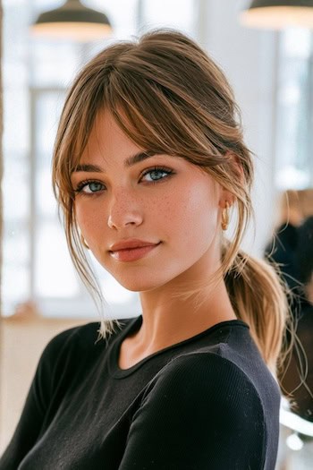 Low Ponytail with Long Curtain Bangs Hairstyle