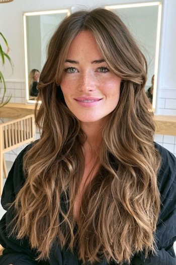 Extra Long Wavy Layers with Curtain Bangs Hairstyle