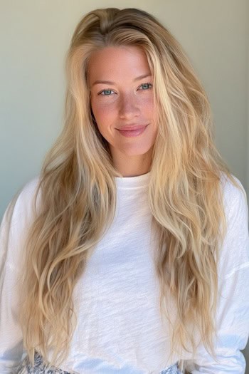Long Beach Blonde: Sun-Lightened Waves Hair Color