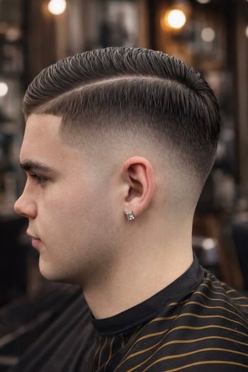 Close-up of a men's fade haircut with slicked-back top and shaved sides.