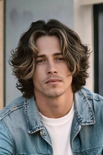 Waves with Long Highlighted Curtain Bangs Hairstyle